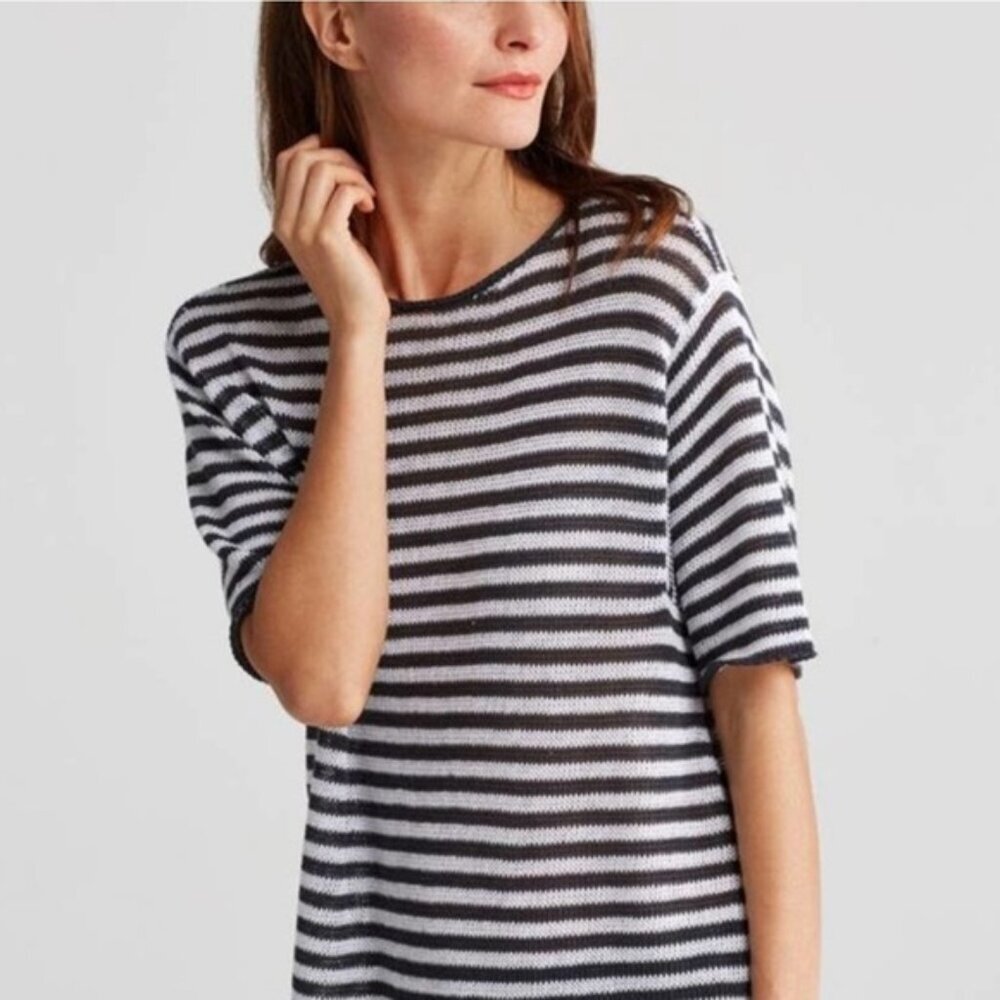 EILEEN FISHER 100% ORGANIC LINEN SS Striped Knit Tunic Top Cover Up Dress MEDIUM